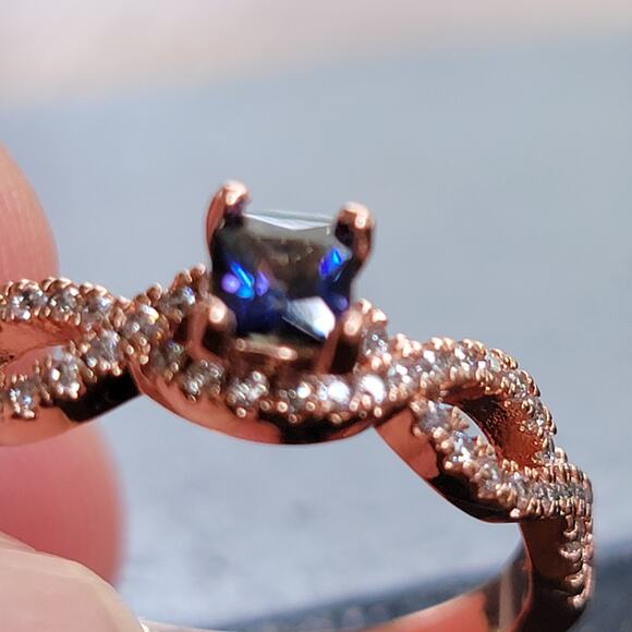 Rose Gold Plated Infinity Knot Ring with Simulated Sapphire - Size 10 - Picture 2 of 10